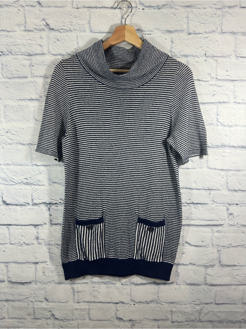 Moth Anthropologie Blue White Stripe Mockneck Short Sleeve Front Pockets Shirt S